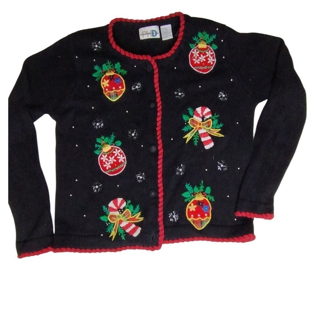 Paul Harris Design Ugly Christmas Sweater Cardigan Beaded Ornaments Black small